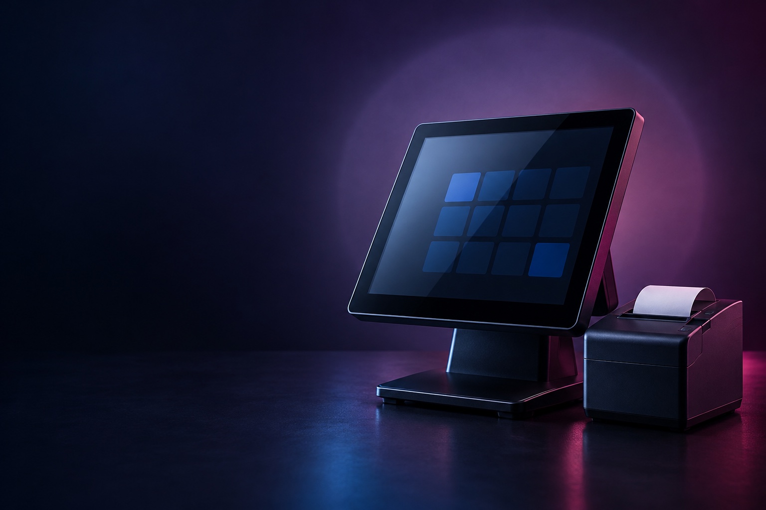 Illustrative unbranded touchscreen POS terminal and receipt printer in a studio